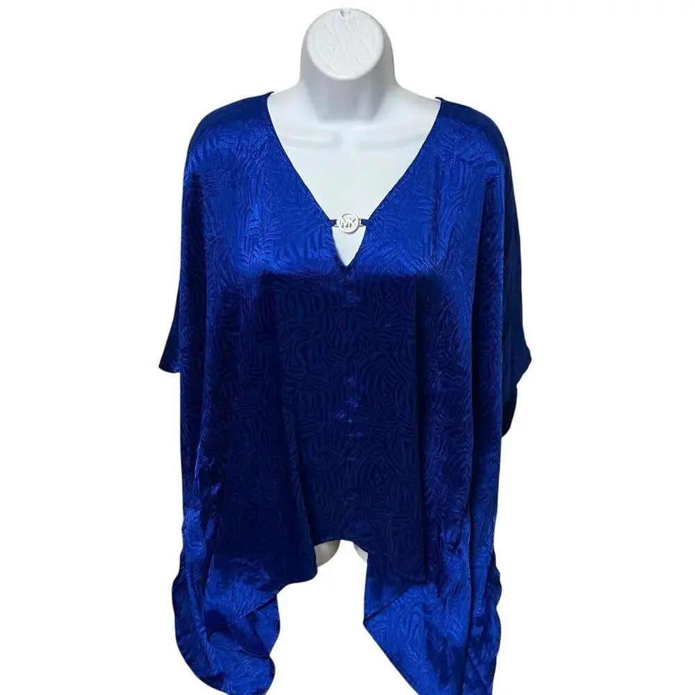 Michael Kors Top‎ 1X Blue Animal Print Tunic Jacquard Handkerchief Hem